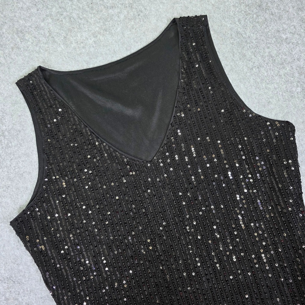 Women's Size Medium Black Sequin V-Neck Sleeveless Top Party Holiday‎ Tank